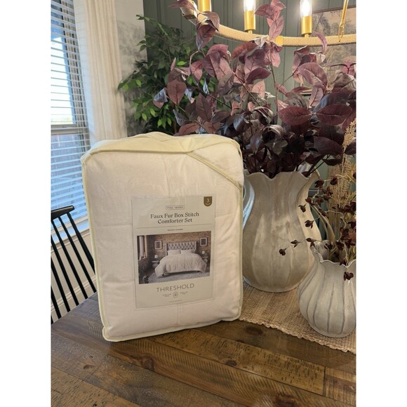 Queen Box Stitch Faux Fur Comforter and Sham Set Ivory - Threshold NEW - Picture 1 of 6